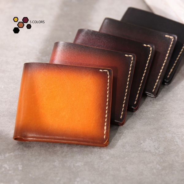 Yellow Bifold Wallet Vegetable Tanned Genuine Leather Wallets for Men