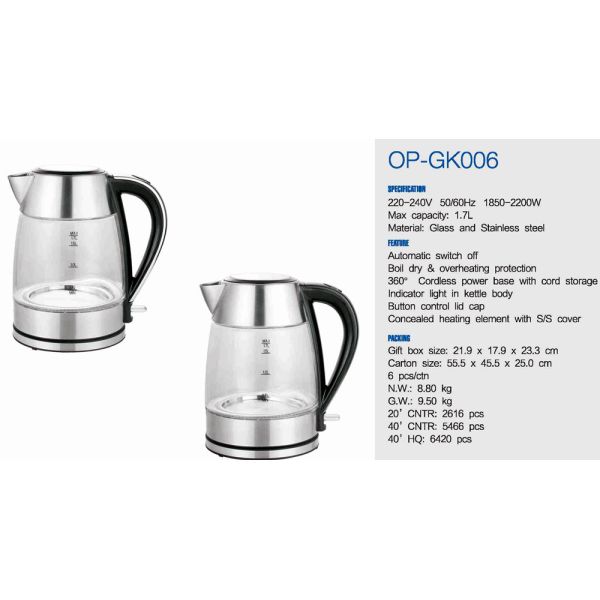 NO App-Controlled Electric Glass Kettle for Hotel 50/60Hz Rate App-Controlled