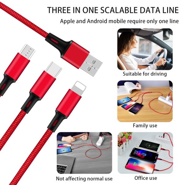 Hot Sale Charging USB Cable 3 In 1 multi-use for Iphone & Micro Usb & Type c Nylon Braided