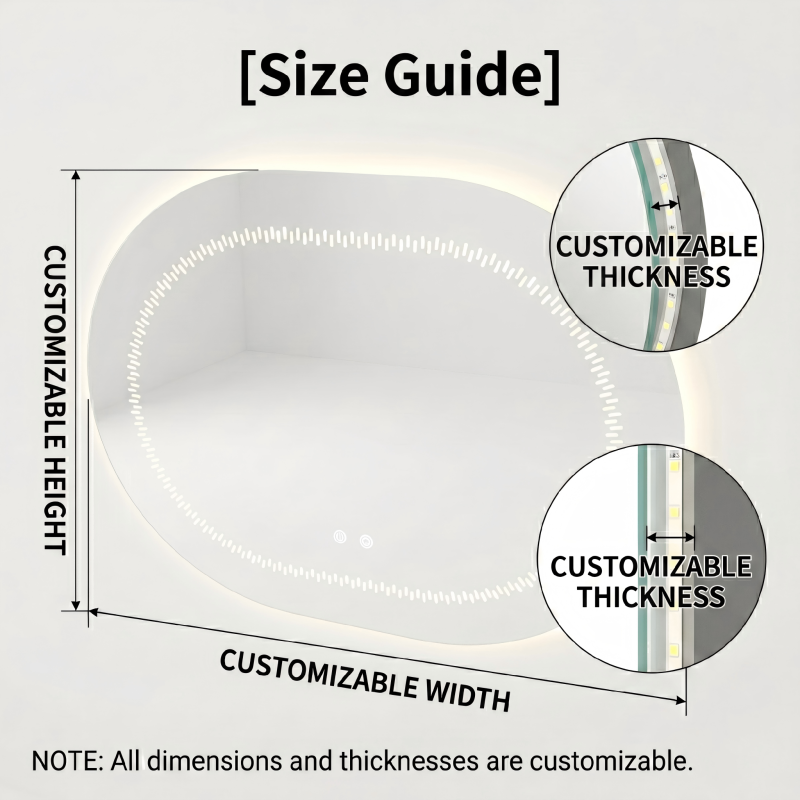 Kingstin Invisible LED Strip Bathroom Mirror, Smart Touch Oval Frameless Mirror, 3000K-6000K Dimmable Vanity Mirror