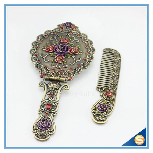 Circular Rose Design Classic Retro Makeup Mirrors One Side Ladies Handle Metal Cosmetic Mirrors
