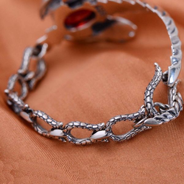 Handmade Sterling Silver Chain Link Phoenixes Synthetic Garnet Charm Women Bracelet (014902)