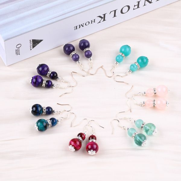 Handmade Crystal Stone Earrings Rose Quartz Gemstone Beaded Pendant Earrings