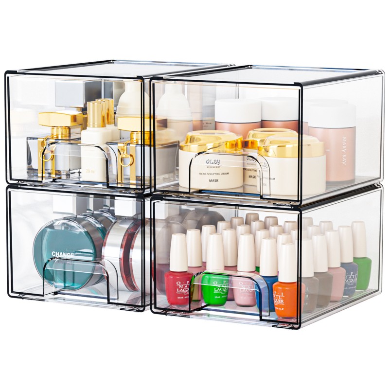 Multi-Tier Clear Makeup Organizer Detachable Stackable Desktop Storage Box Dustproof Cosmetic Display Case with Drawers for Home