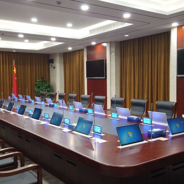 Dual Screen Paperless Conference Motorized Monitor Lift System Aluminum Brushed