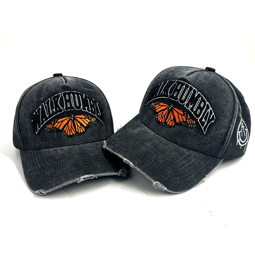Popular 5 Panel Custom Baseball Caps Washed Cotton Distress 3D Puff Embroidery Sport