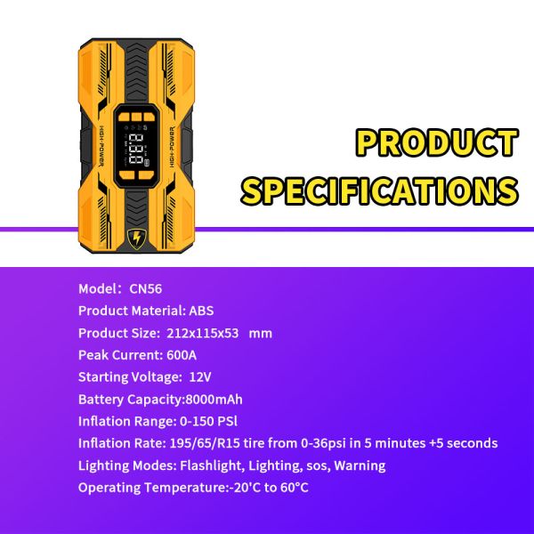 8000mAh Vehicle Emergency Jump Starter with Auto Power Cut Power Bank and Motorcycle Tire Inflator