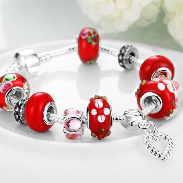 SJ Cute Vogue Heart Jewelry Glaze Bead Red Petal Ethnic Style Magnet Buckle Cubic Zirconia Women Charm Bead Bracelet for
