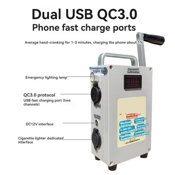 Hand Crank Generator Mobile Phone Charger Outdoor Camping Emergency Power Supply 5V 12V 24V 30W