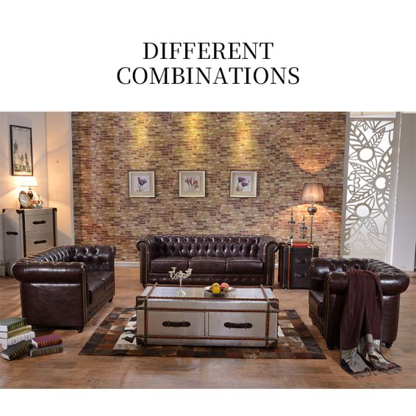 Nidea #8907 High Quality American Retro Chocolate Brown Chesterfield Leather Modern Sectional Couch 3 Seater Living Room Sofa Set Furniture