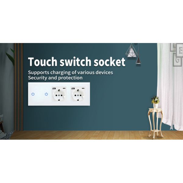 UBARO Smart Touch Light Switch + Dual EU Schuko Power Outlet Combo, Tempered Glass Wall Plate, AC 110V-250V, White, Home Electrical Socket with Touch Control
