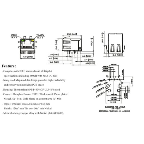 10 / 100 / 1000 Base - T  RJ45 Jack Integrated Magnetic Connector Modules
