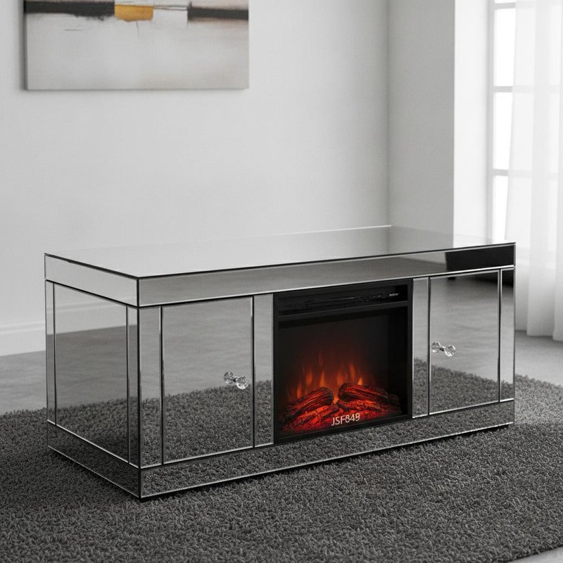 JSF849 Silver Mirror Finish Fireplace Coffee Table with Integrated Electric Firebox and Multifunctional Furniture