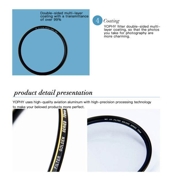 72mm Camera Lens UV Filter With Outer Frame Gold Linear Plating For Digital Camera Lens