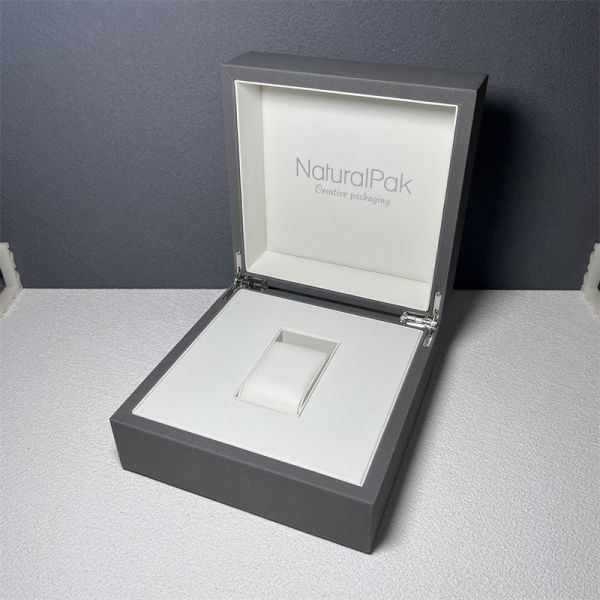 Cream PU Wood Wrist Watch Packaging Box Embossed Logo Watch Box For Men