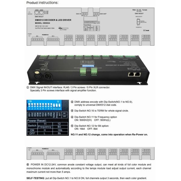 16bit 12V - 24V RGWB DMX Controller , Constant Voltage DMX512 LED Driver Controller