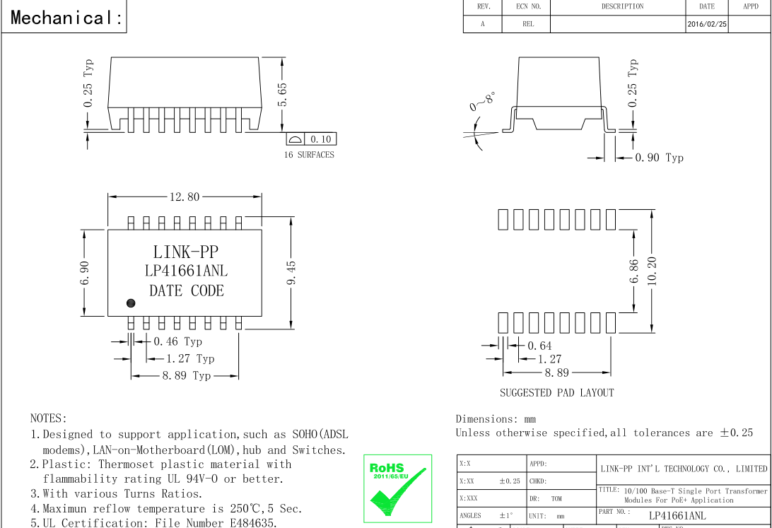 Трансформатор LP41661ANL Lan основания-T PoE+ XFMRS-05C 10/100 одиночный гаван магнитный