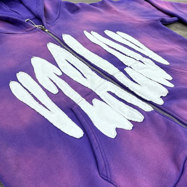 Conjunto de chándal con capucha y cremallera con apliques bordados personalizados, pedrería, descolorido por el sol, lavado al ácido, y pantalones de chándal de pernera ancha