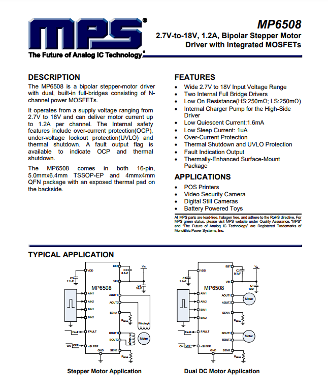 MP6508GF-Z		 Bipolar Motor Driver Power MOSFET PWM 16-TSSOP-EP