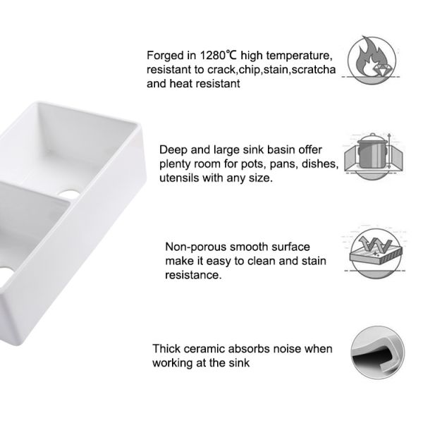 33 Inch Undermount Farmhouse Bathroom Double Sink White Big Ceramic Kitchen