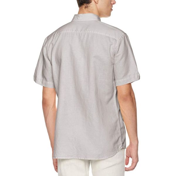 Tab Cuff Loose Linen Cotton Button Down Shirt Mens Grey Short Sleeve Shirt