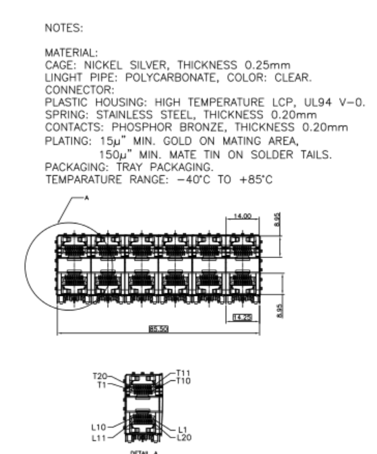 Stacked Female SFP Cage Connector Small Form Factor Pluggable 2 * 4 Ports