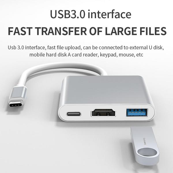 OEM/ODM 3 en 1 hub USB portátil 3-en-1 hub Estación de acoplamiento Usb Usb 3.0 de alta definición HDMI 4K 100W fuente de alimentación 3 en 1 hub USB portátil 3 en 1 hub tipo-C HDMI 4K USB-C 3 en 1 hub carga PD
