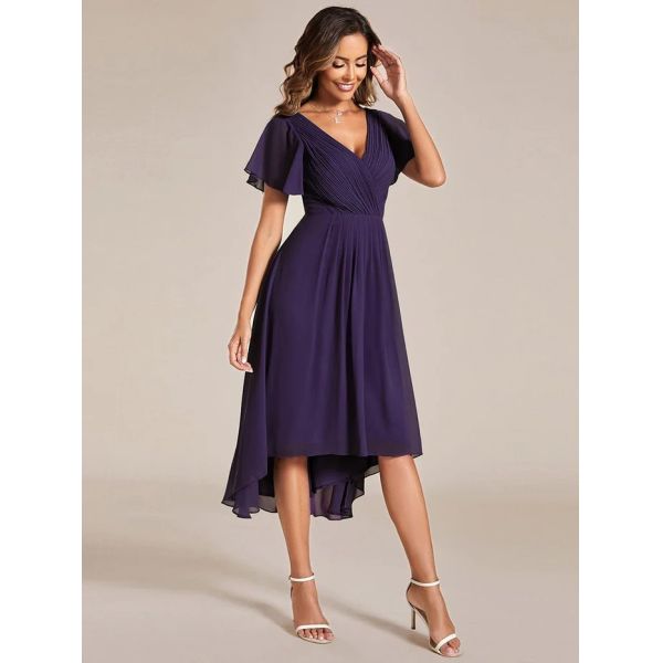 Chic V-neck High-low Short Flutter Sleeves A-line Ruffles Midi Invisible Zipper Dark Purple Chiffon  Cocktail Dress