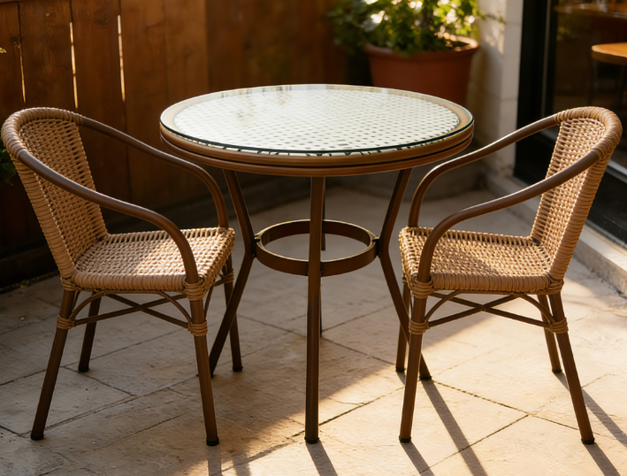 4 Seater Aluminum Rattan Round Dining Table with Glass Top Foroutdoor Restaurant Café Shop