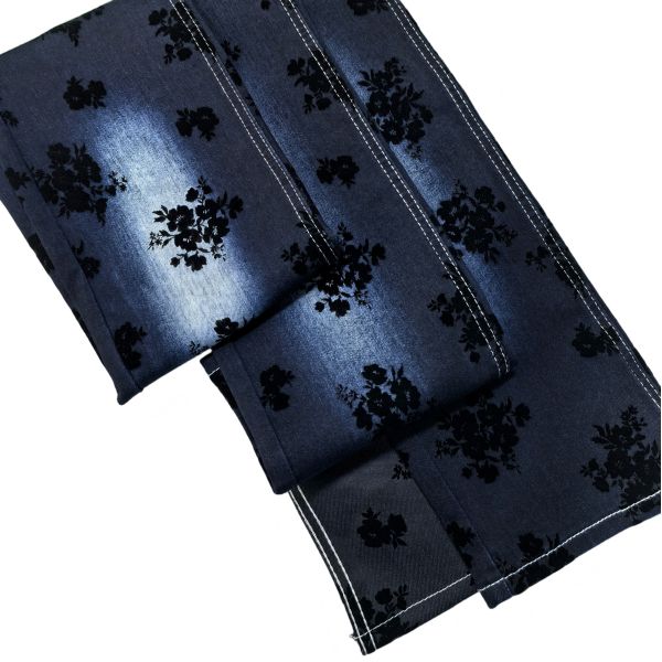 Black Rose Flocked Denim Fabric Twill Style Stretch For Lady Jeans Or Jacket