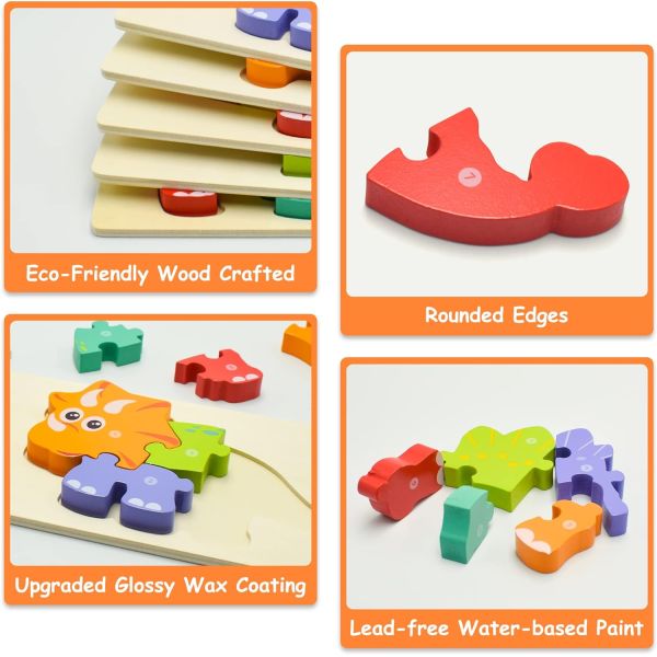 Age Range 2 to 4 Years 6 Pack Wooden Dinosaur Puzzles for Toddlers Educational Toys