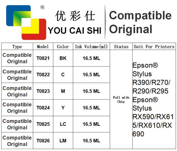 100% Brand New for epson T0821 Ink Cartridge For Epson Photo T50 R290 R390 RX590 RX610 RX690 TX650 TX800FW