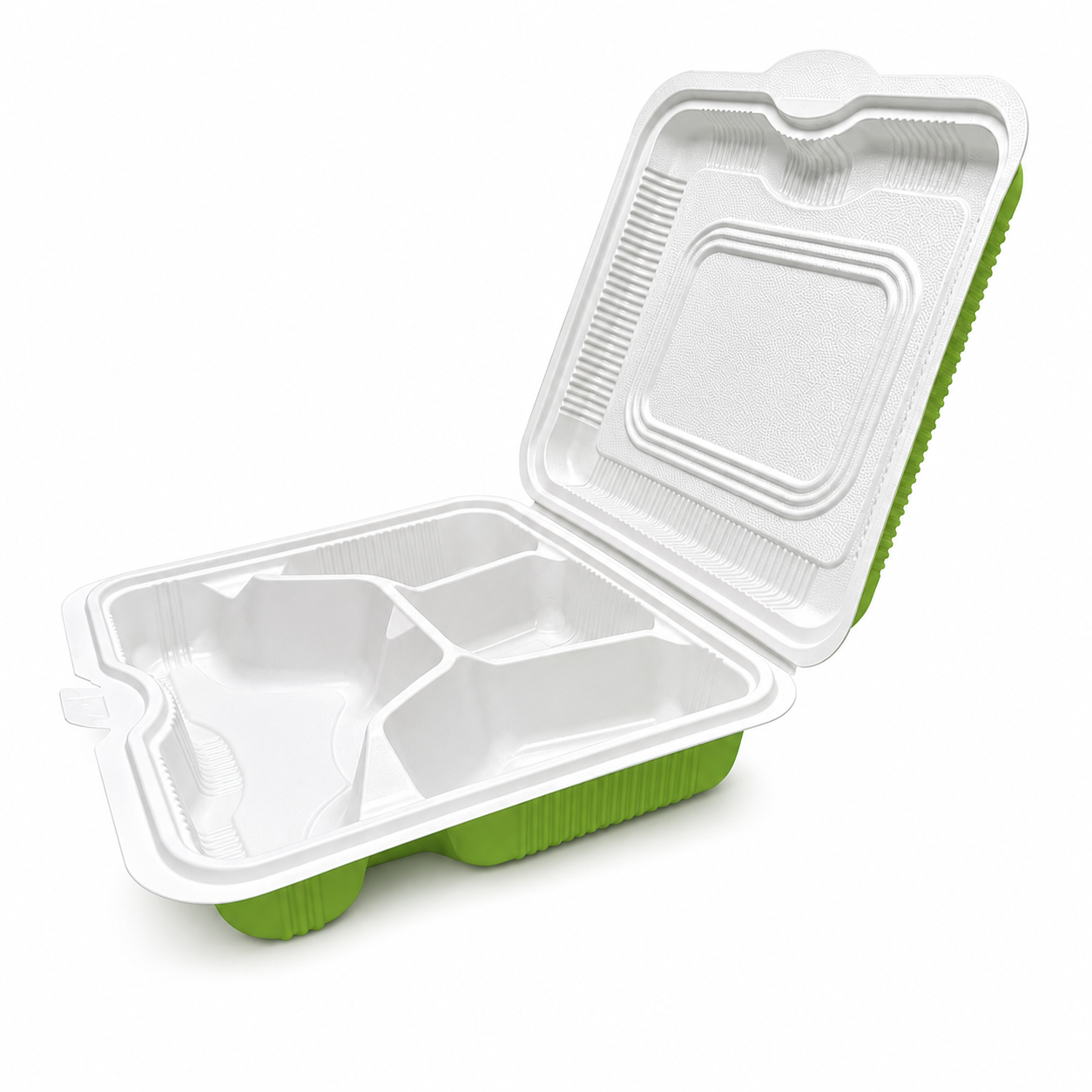 Four Compartment PP Clamshell Takeout Containers Green White for Complete Meal Sets