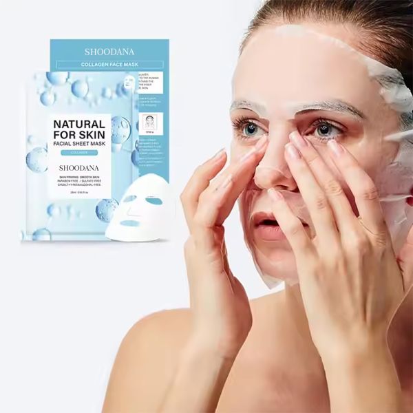 Etiqueta privada de belleza orgánica máscara para el rostro de hoja de vitamina C colágeno infundido máscara para el rostro para la reducción de arrugas antienvejecimiento algodón