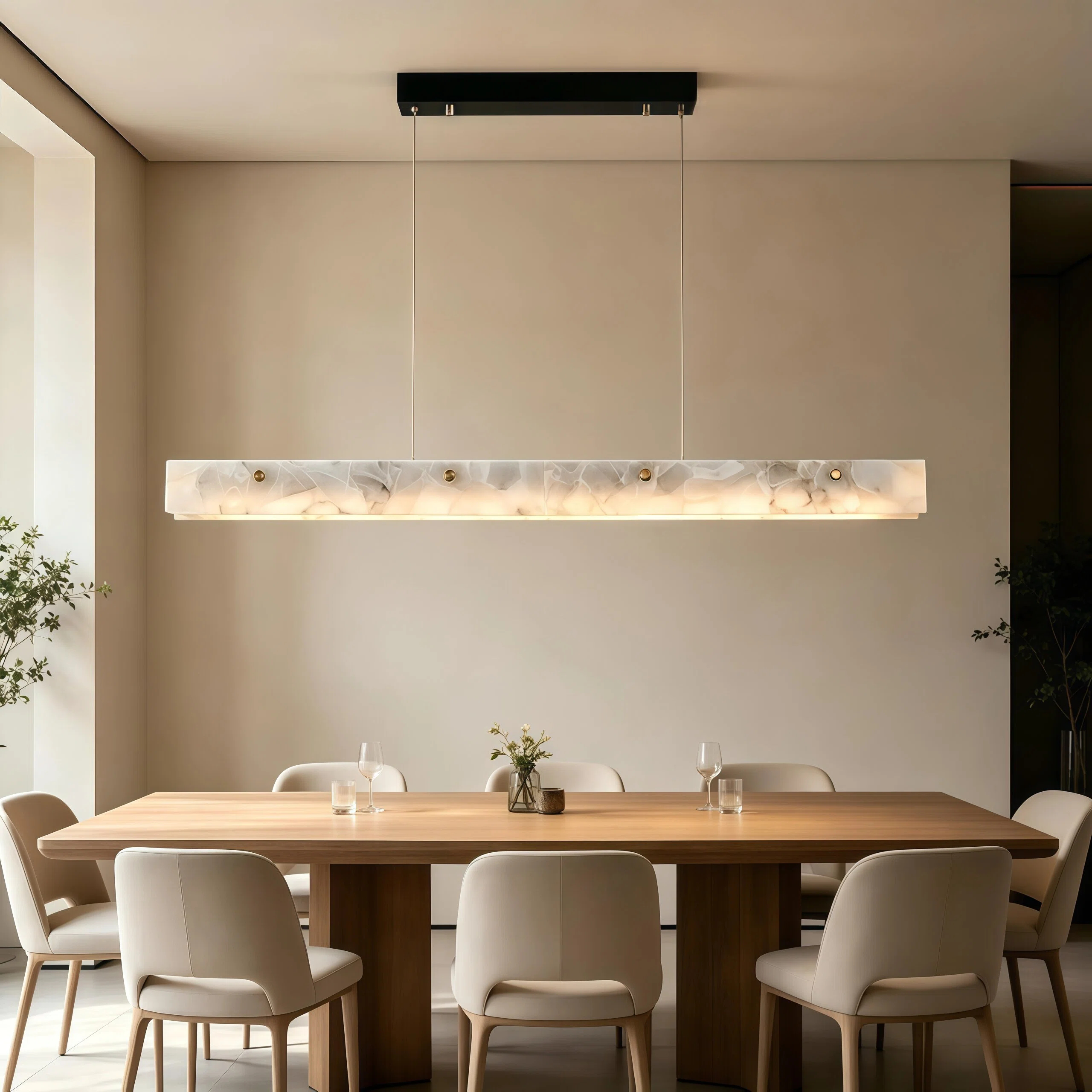 JYLIGHTING Modern Linear Alabaster Pendant Chandelier with Gold Fittings, Natural Stone Suspension Light for Villa Dining Room and High‑End Hospitality Interior Decoration
