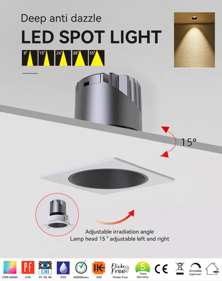 High CRI Square LED Recessed Spotlight Downlight IP44 Anti-Glare 15°Adjustable Triac 0-10V Dali-2 Dimmable Ceiling Down Light 12W