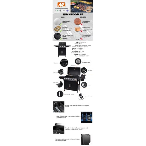 Бистро 3 горелки Газовый барбекю Ротиссерная печь с отопительной зоной и плоской плитой