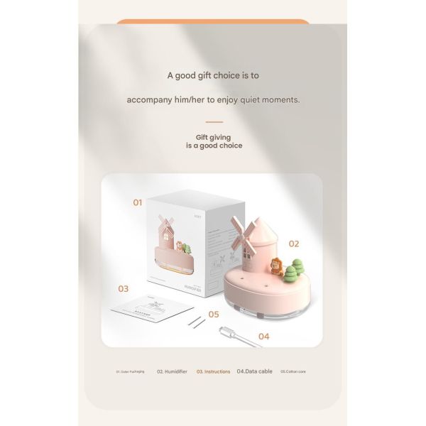 Creative Wireless Windmill Music Humidifier Night Light & Ambient Lighting Bedroom Desktop Portable Humidifier Perfect Gift Idea