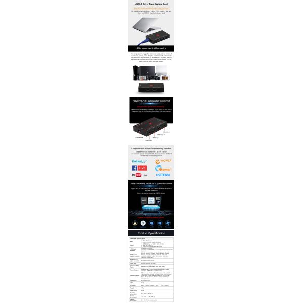 1920x1080 Resolution USB 3.0 Capture Card for 4K Live Streaming and Video Recording