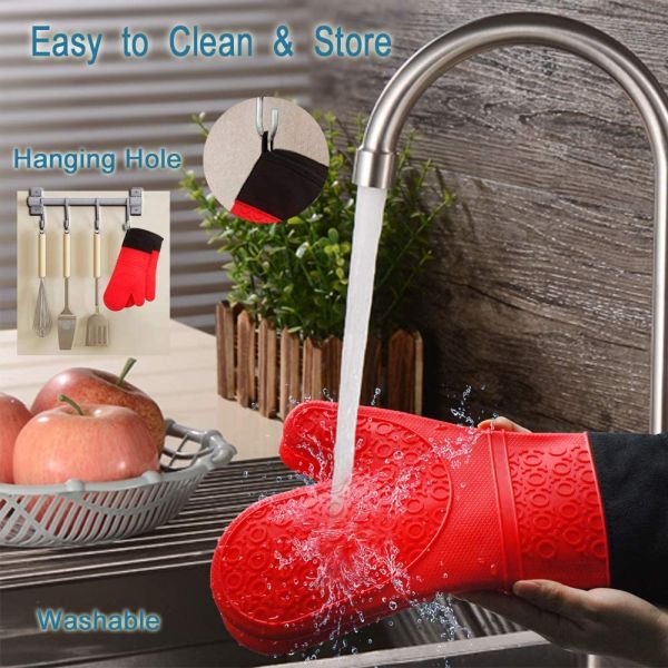 Double Oven Mitts for Kitchen Cooking BBQ Baking Heat Resistant Silicone Hand Gloves