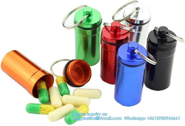 Keychain Pill Holder (5 Pack), Aluminum Waterproof Portable Small Travel Medicine Bottle Case Box Container For Purse