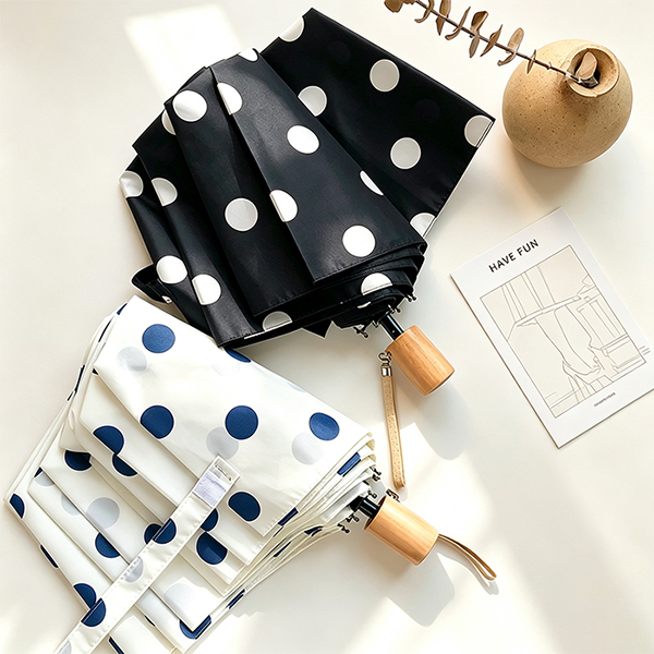 Lightweight Women's Polka Dot Travel Umbrella with Solid Wood Handle - Portable 3 Fold Parasol
