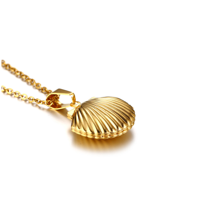 Excellent Men's Oval Locket Necklace Gold Color Stainless Steel Shell Pattern Pendant
