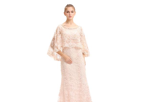 Cape Sleeve Europe Style Evening Dresses / Embroidery Beaded Prom Dresses