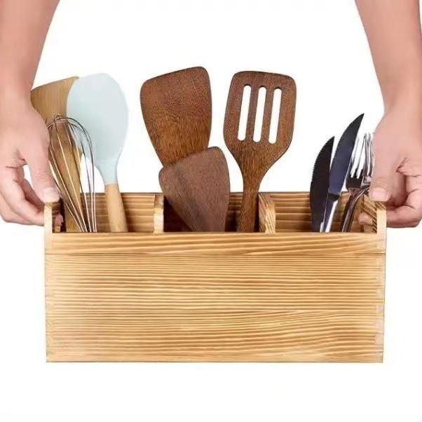Wooden Kitchen Multifunctional Silverware Cooking Utensils Countertop Cutlery Storage Box Fork Spoon Knife Storage Box