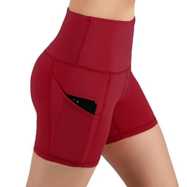 Short preto alto dos esportes de Waisted para o bolso lateral das caneleiras apertadas do Gym do controle da barriga das mulheres