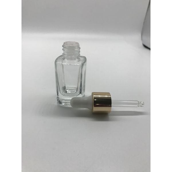 15ml Luxury Clear Square Cosmetic Flat Tall Bottle Essential Oil Cosmetic Glass Bottle With Aluminum Dropper