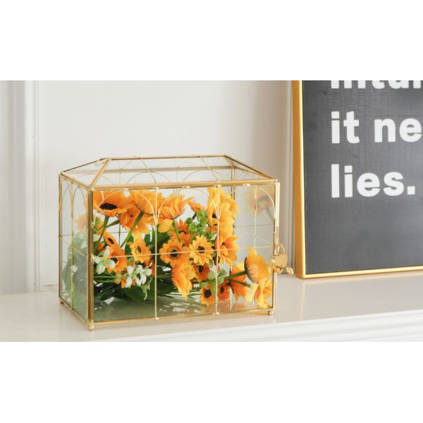 Glass Wedding Card Box with Slot, Large Clear Card Box Gold Brass Gift Card Storage Box with Lock for Wedding