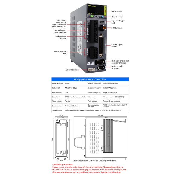 Lichuan AC Servo Motor Drivers Kit A8 High Accuracy STO ABZ 100W 0.32N.m 220V 1.1A 3000RPM IP65