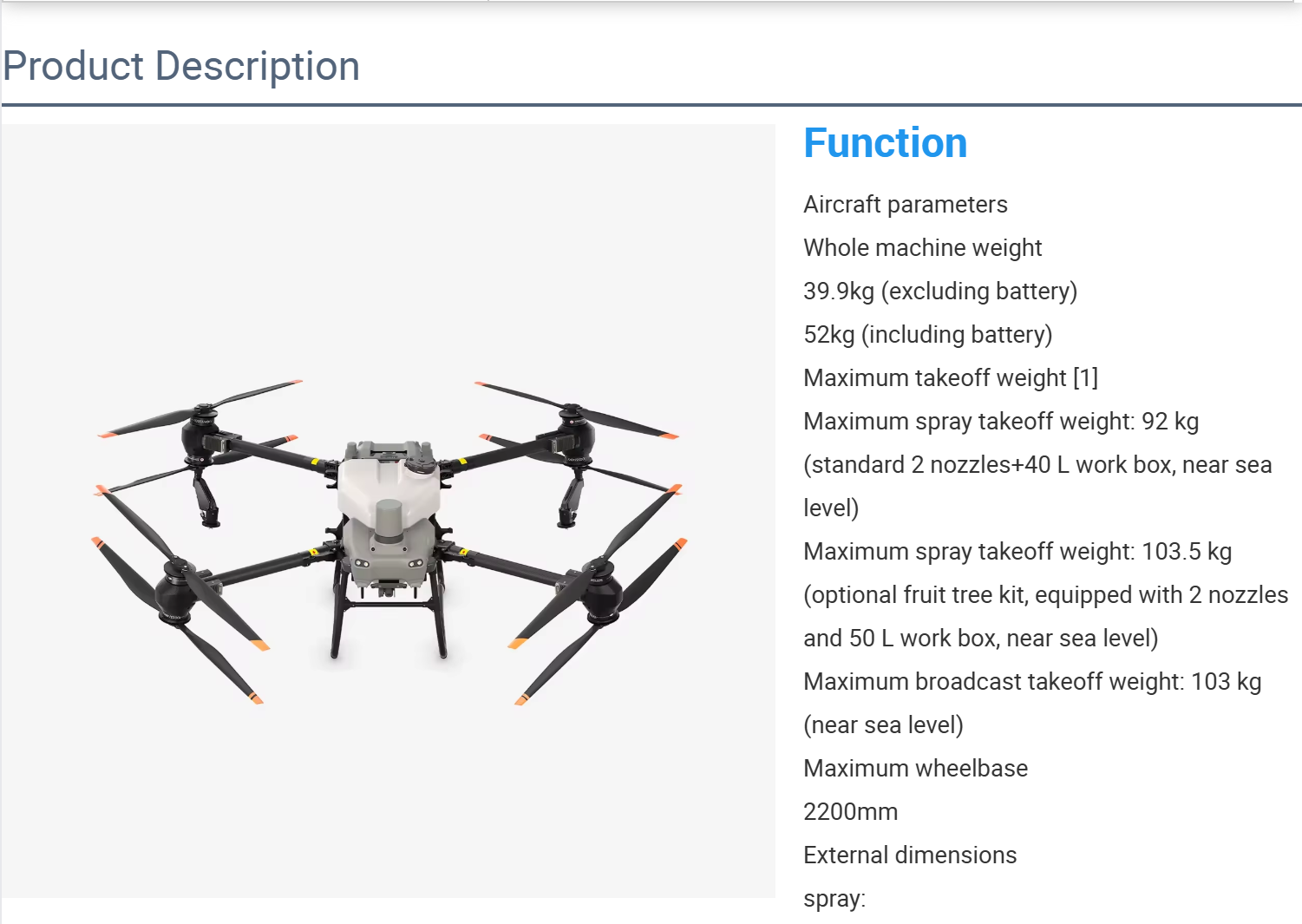 Agras T50 54 Inch Blade Agriculture Drone With 4000 W/rotor Motor 2200mm Wheelbase